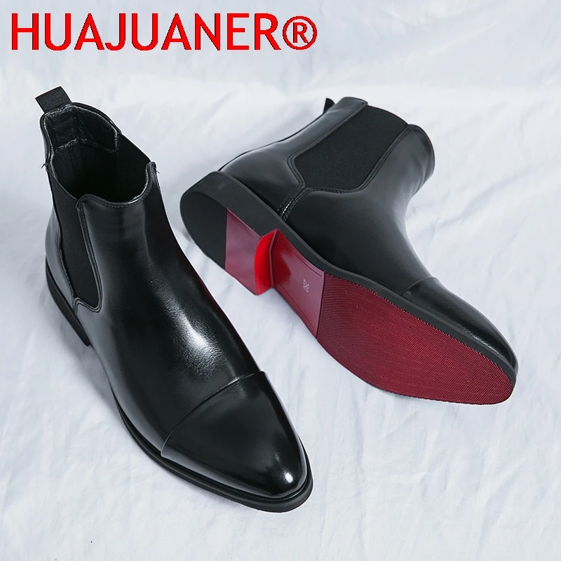 British Style Men's Black Chelsea Boots Women's Genuine Leather Red Sole Boots Cover Toe Flat Sole Boots Outdoor Casual Shoes view 2