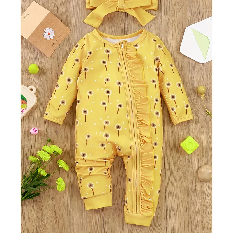 Two-piece baby girl full-printed Onesie Dandelion printed one-piece Onesie with long sleeve, round neck and ruffled edges, match