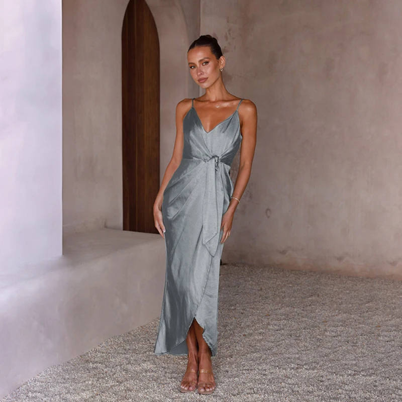 FIGOHR 夏の女性のフレンチスタイル V ネックサテンスパゲッティストラップロングドレス女性のエレガントなレースアップウエスト締め付けドレス