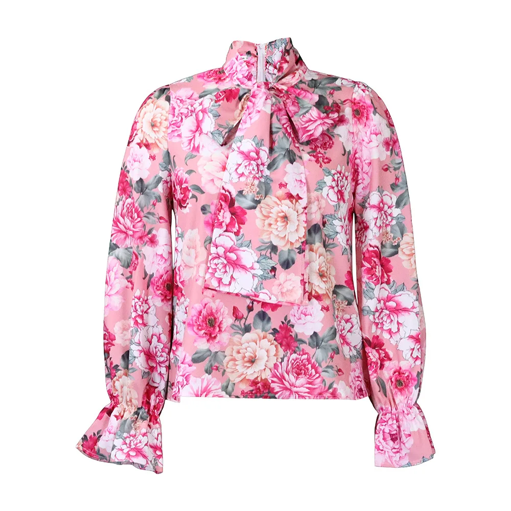 مزاجه ركاب قميص نسائي 2025 الخريف جديد بلايز عادية متعددة الاستخدامات المألوف مطبوعة نفخة كم نصف مفتوحة طوق قميص