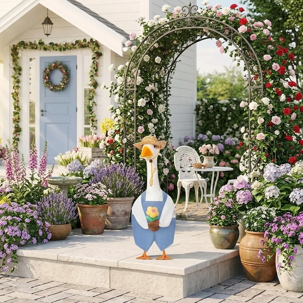 Adorable Gardener Outfit For 23 Inch Goose Statue With Blue Overalls Sunflower Hat And Straw Cap For Spring Lawn Decor