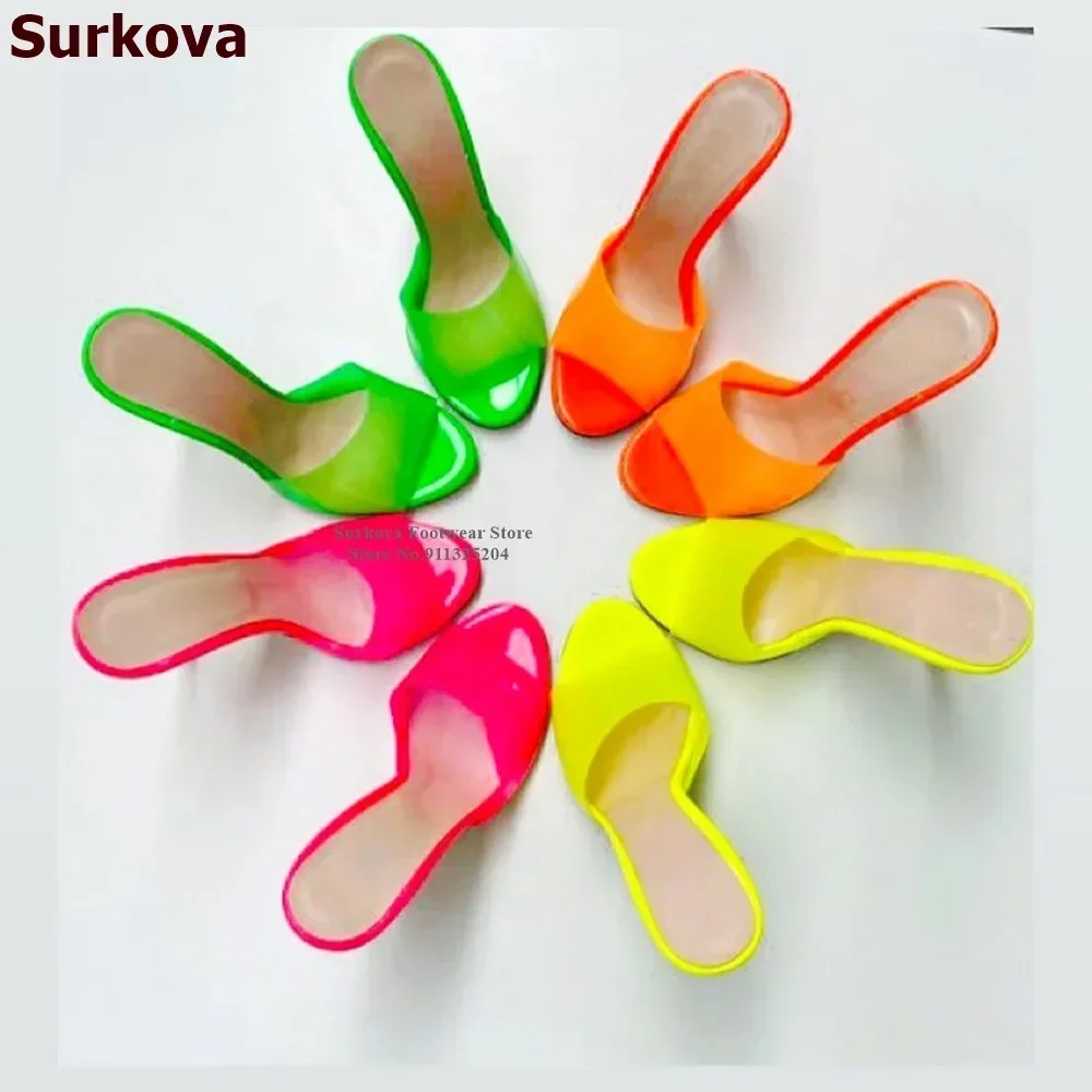 Surkova Ladies Sexy Fuchsia Snakeskin High Heel Slippers Sky High Slip On Summer Dress Shoes Hologram Iridescent PVC Pumps