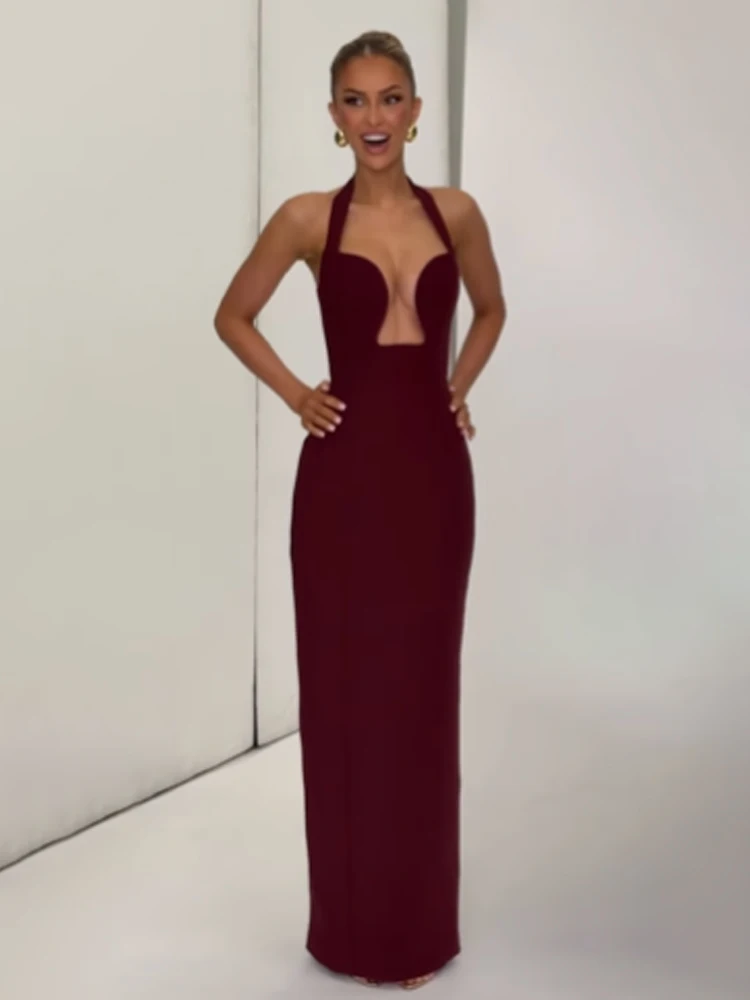 

Solid Halter Maxi Dress Women's Chic Backless V-neck Sleeveless High Waist Sexy Bodycon Dresses Spring Lady Formal Event Gowns