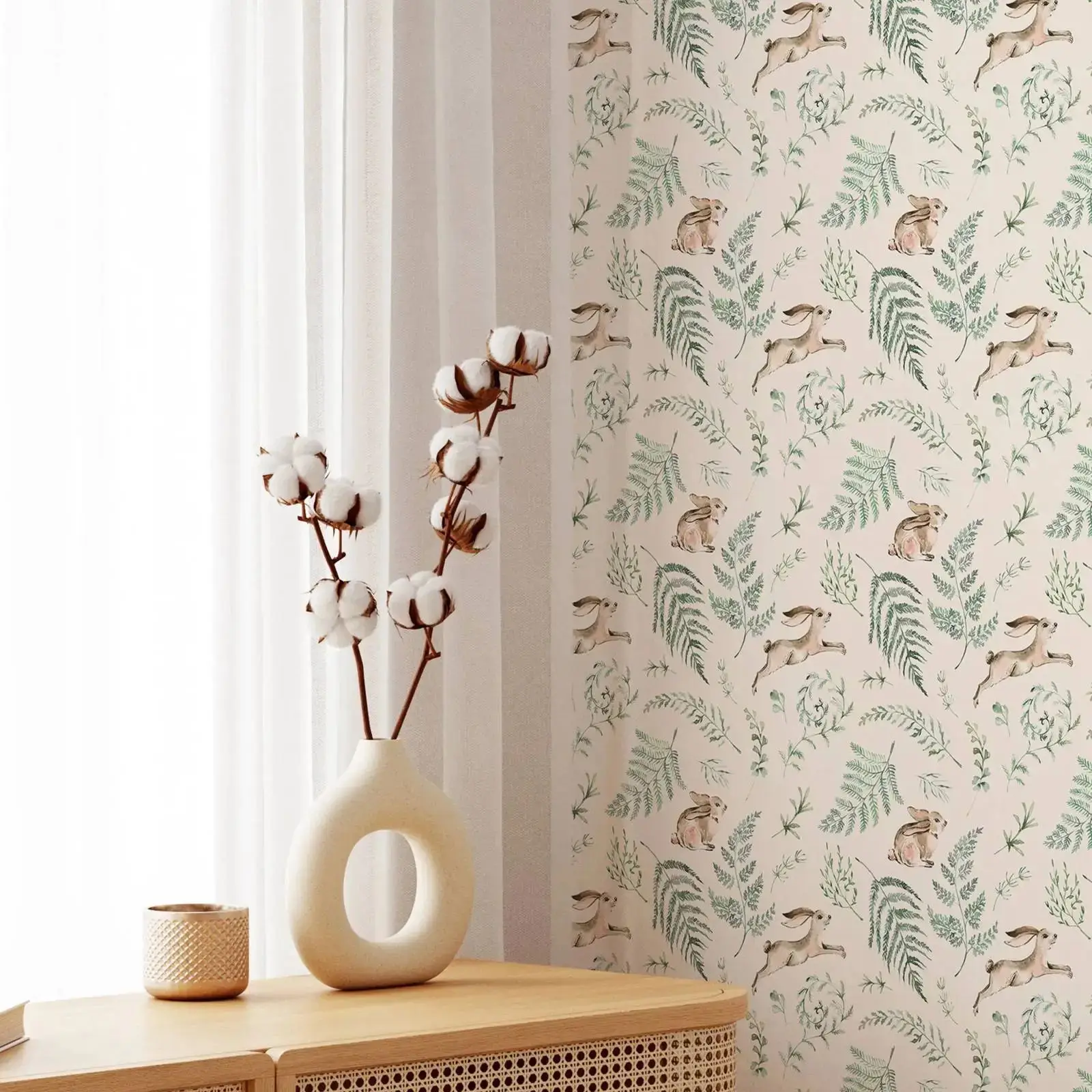 Cute Bunny Kids Wallpaper，Self Adhesive Or Traditional Non-woven,Woodland Peel and Stick For Home Decoration,Eco Friendly Paper