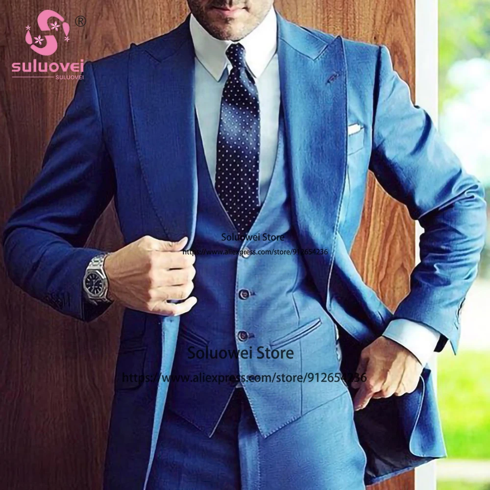 

Fashion Big Peaked Lapel Suits For Men Slim Fit 3 Piece Jacket Vest Pants Set Male Business Blazer Formal Groom Wedding Tuxedo