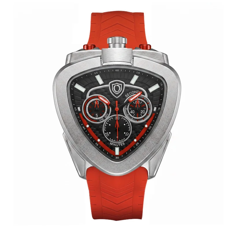 Popular Chronograph Quartz Watch for Men with Triangular Waterproof Silicone Strap and Pin Buckle