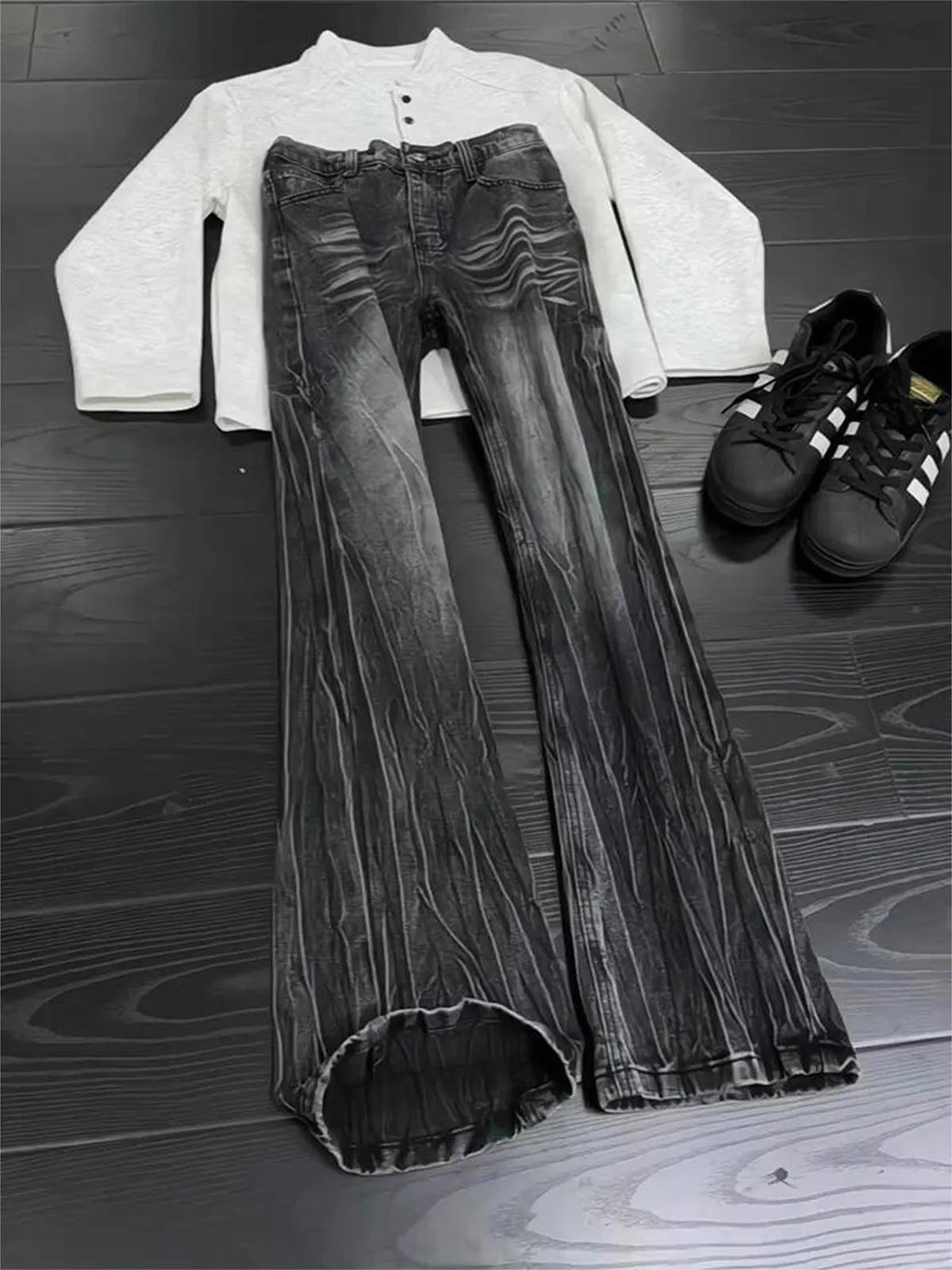 Black Lightning Pattern Flared Buttons Semi-Elastic American Vibe High Waist Jeans Men's Loose Straight Leg Slimming Pants