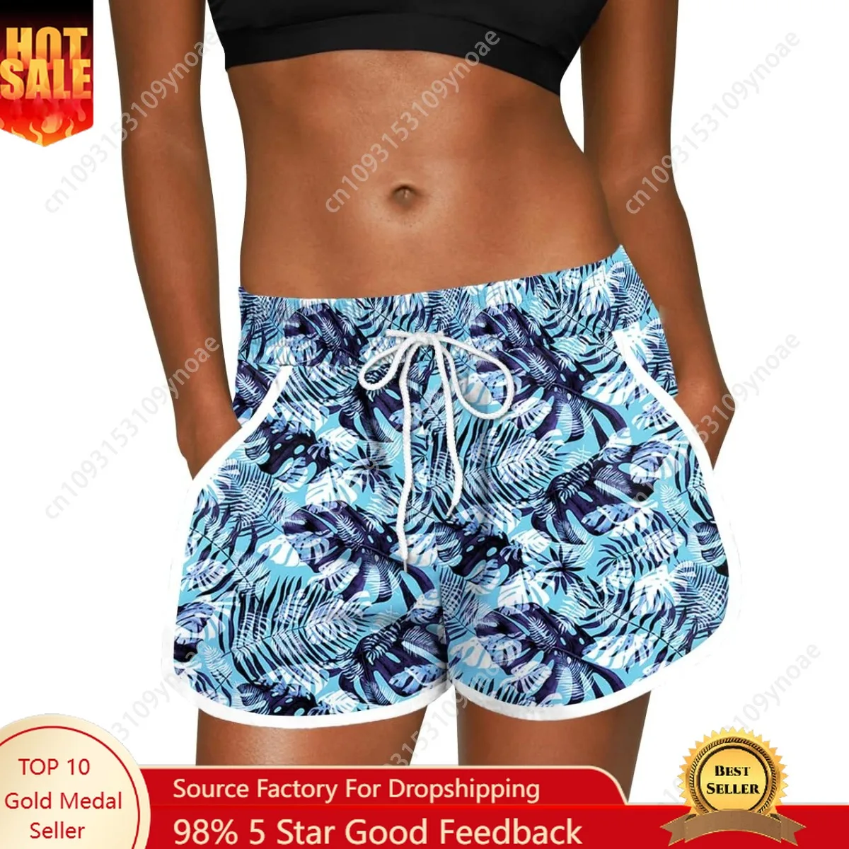 

Tropical Palm Leaf Print Shorts Sexy Women Surf Scanties Seaside Drawstring Pants Beach Panties Casual with Pockets Fashion