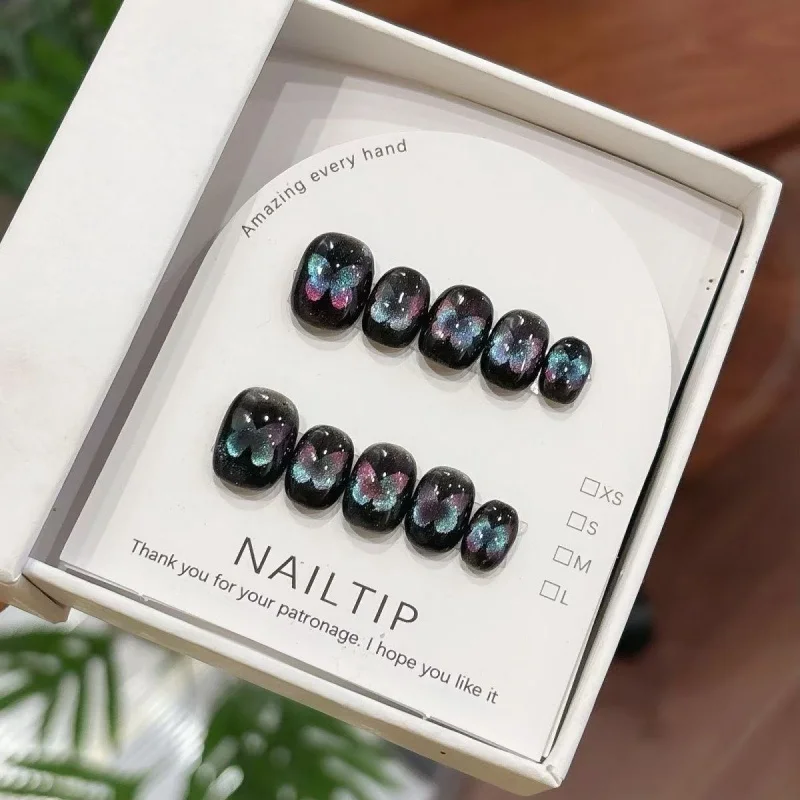 10Pcs Handmade Nails Hollow Cat Eye Black Dreamy Starry Sky Glitter Press-On Nail Tips Perfect for Gifting to Girls and Friends