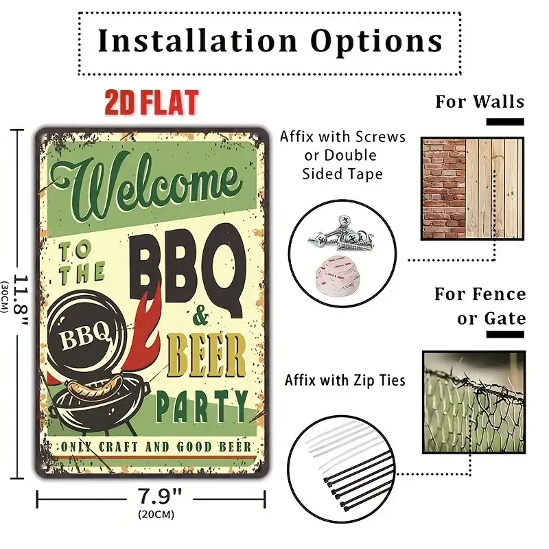 2D Flat, [JIT]2D Flat 4pcs Vintage BBQ Zone Metal Signs 20.32x30.48cm, 2D Flat, Only For Decoration