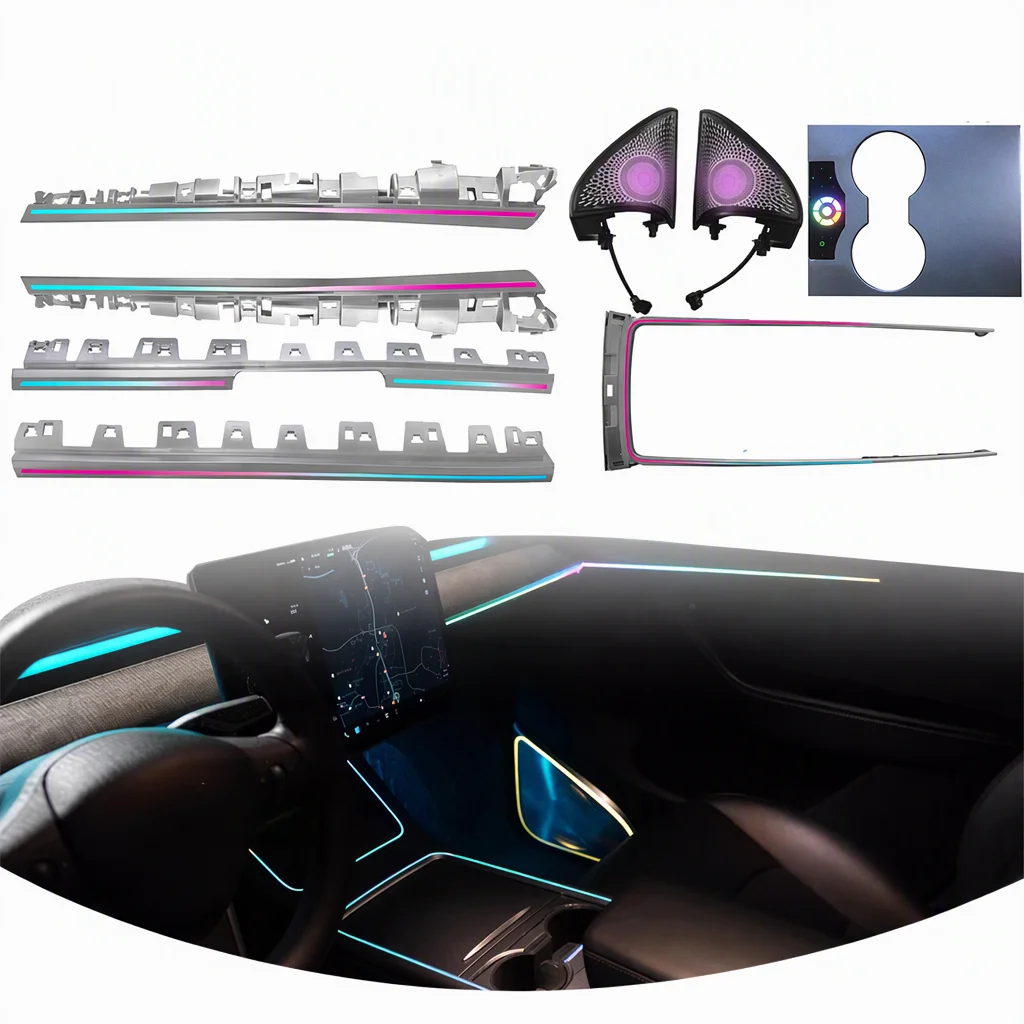 Auto Interior LED Light Bar for Tesla Model 3 Model Y 25 in 1 64 Color Screen Touch Button App Control Speaker Ring Kit