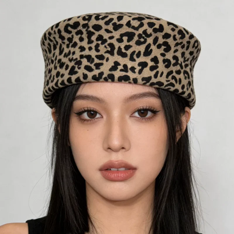 100% Wool Leopard Print Felt Fedoras Hat for Women Vintage Hard Top Painter Pillbox Hat Wedding Fascinator Hats