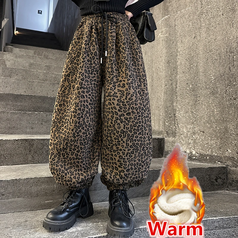 

Kids Winter Warm Fleece Lined Leopard Pants for Tween Girl Fashion Street Trousers Teenage Child Loose Casual Thermal Sweatpants