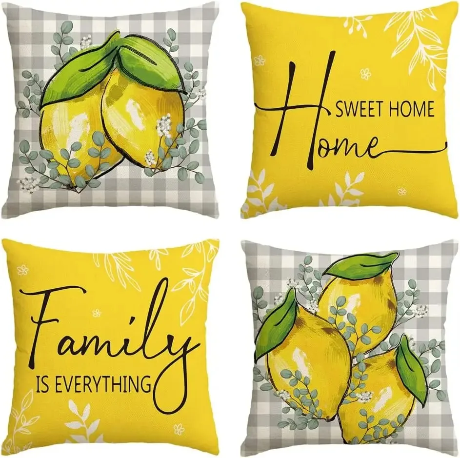Summer Lemon Buffalo Plaid Throw Pillow Covers, Home Sweet Home Family is Everything Cushion Case for Sofa Couch Set of 4
