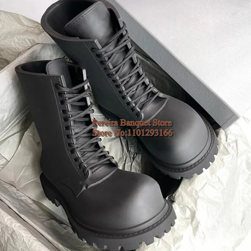 Botas de dedo grande preto fosco couro rendas até sola grossa plataforma sapatos masculinos dedo do pé redondo alta superior casual fora botas tamanho 46