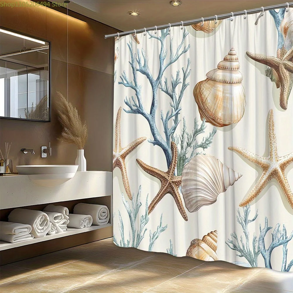 Rideau de douche Ocean Bliss avec un motif de coquillages, d'étoiles de mer et de coraux beige et marron clair – Thème plage côtière, tissu polyester