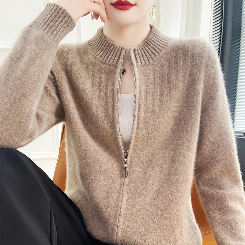 

100% merino wool cardigan New cashmere sweater in autumn and winter women's semi-high neck cardigan warm knit bottoming coat