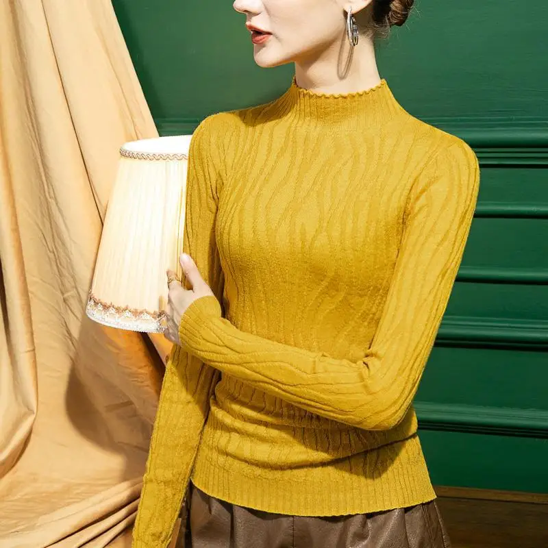 بلوفر نسائي بياقة قائمة محبوكة ، صديق للجلد ، قميص سفلي مريح ضيق ، أحادي اللون ، الخريف والشتاء