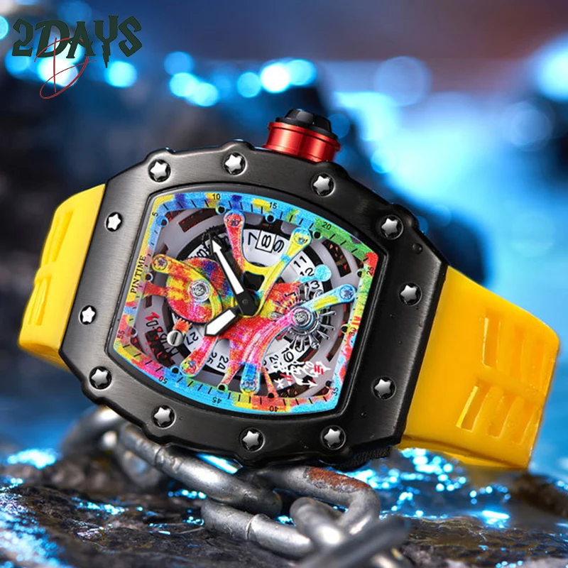 

PINTIME Tonneau Quartz Watch Tourbillon Skeleton Men's Watch Trend Coloful Dial Luminous Hands Silicone Strap Clock Male Relogio