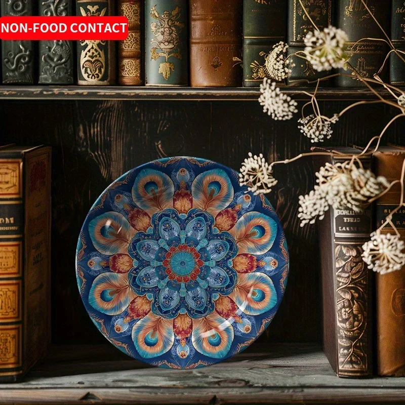 1pc Blue Round Ceramic Decorative Plate Home Ornament Wall Desktop Art Decoration Non-Food Contact Suitable for Jewelry Tray,