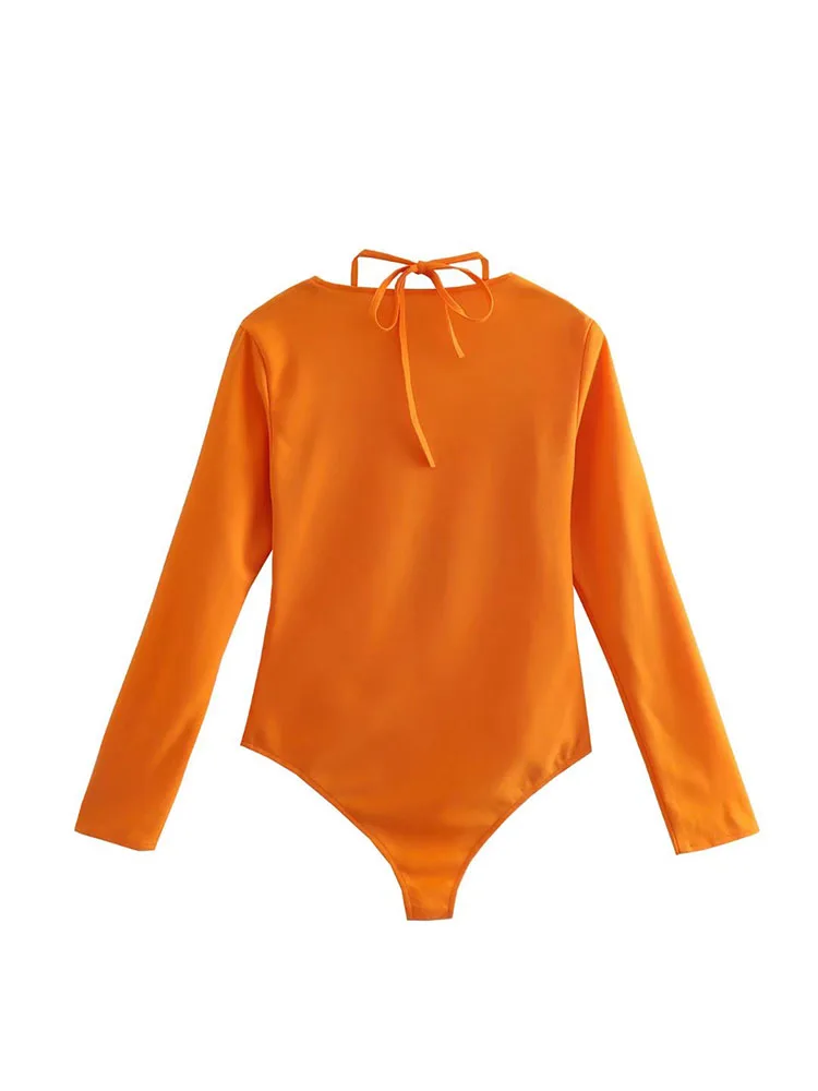 XEASY Damen Chic Design Mode Halter Bodysuit 2022 Sommer Orange Vintage Langarm V-ausschnitt Krawatte Body