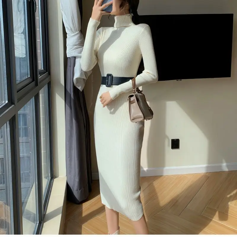 

2023 Women Belt Waist Dresses Autumn Winter Female Sexy Wrap Hip Dresses Fashion Solid Color Sweater Casual Bottom Dresses