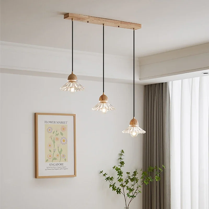 

Modern LED Glass Pendant Lamp Nordic Lustre Wooden Japanese Hanging Light for Kitchen Dining Room Cafe Home Decor E27 Chandelier