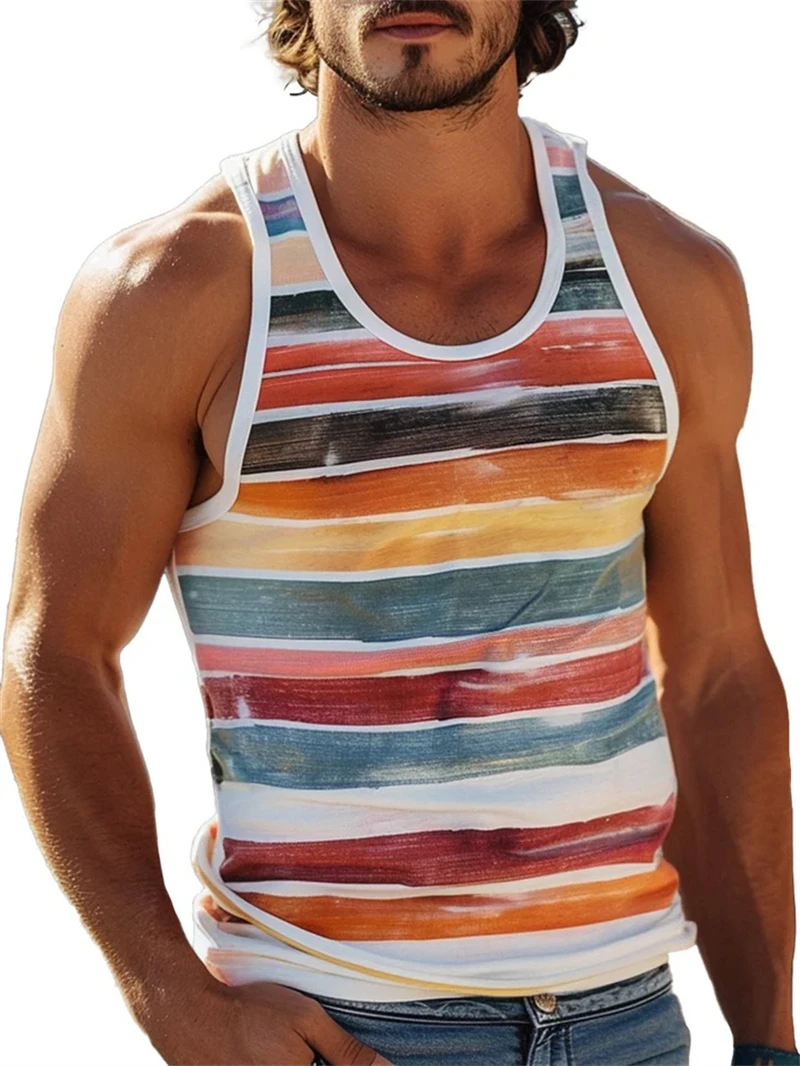 

New Simple Color Striped 3D Printing Tank Tops Men Summer Sleeveless Casual Sports Vest Round Neck Breathable Oversize Tees Tops