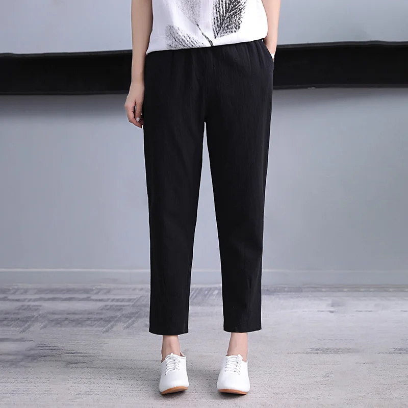 Korean Fashion Cotton Hemp Harlan Pants Women Summer Radish Loose Large Size Nine Point Cargo Pants