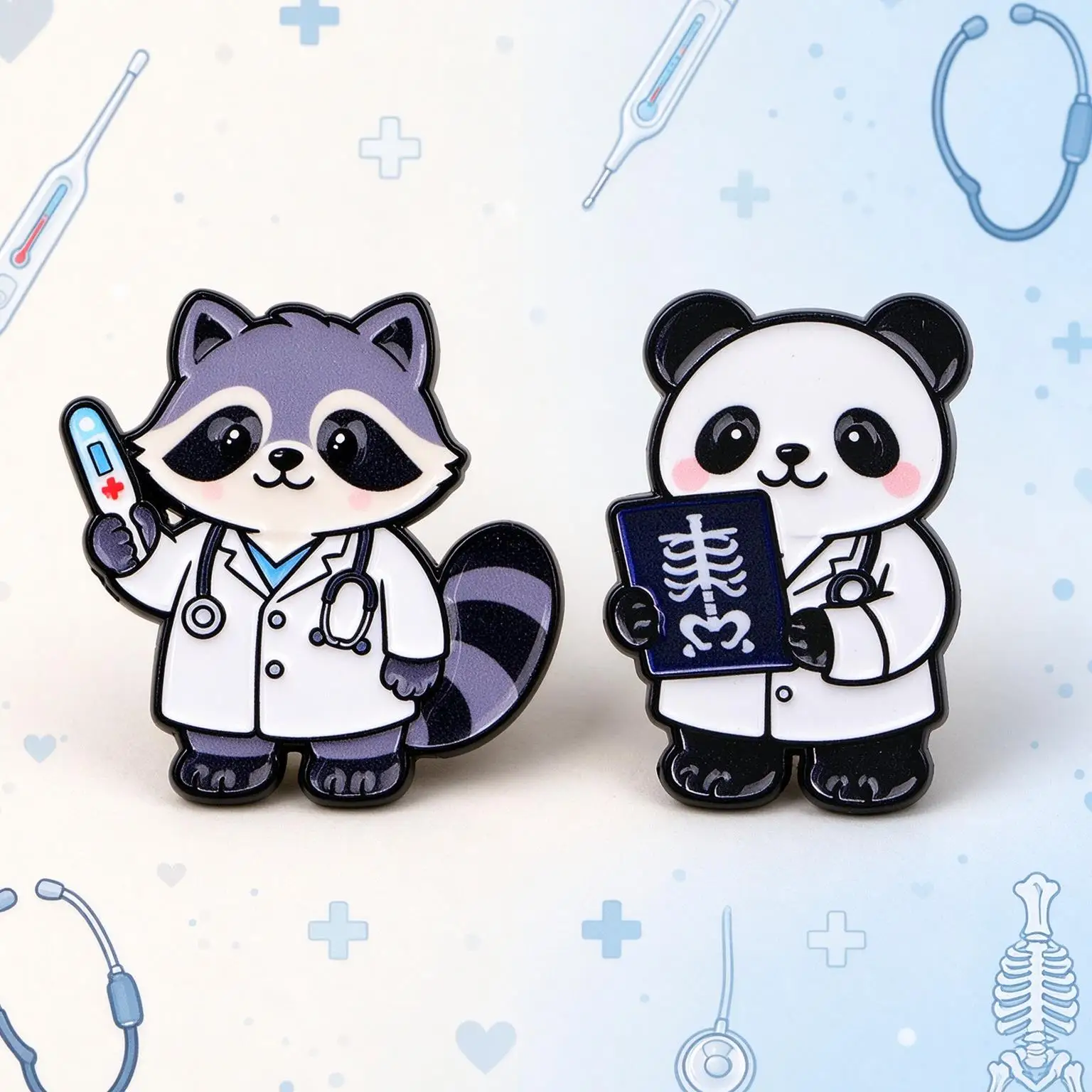 2pcs/set Cute Raccoon Panda Doctor Enamel Pins Cartoon Medical Lapel Badges Backpack Brooch Gifts For Nurse Students