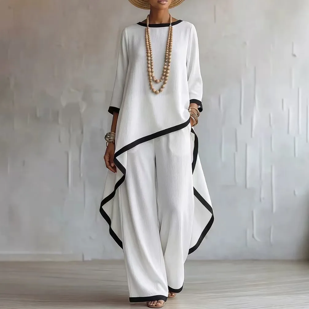 New Old Money Style Cotton And Lines Irregular Design Long Sleeve Blouse And Wide Leg Pants. Two-piece Women's Set Bandage Maxi