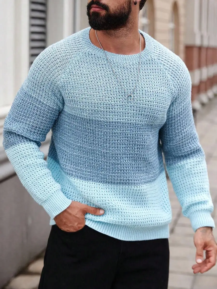 

Men's Gradient Blue Knit Crew Neck Long Sleeve Sweater, Casual Everyday Wear