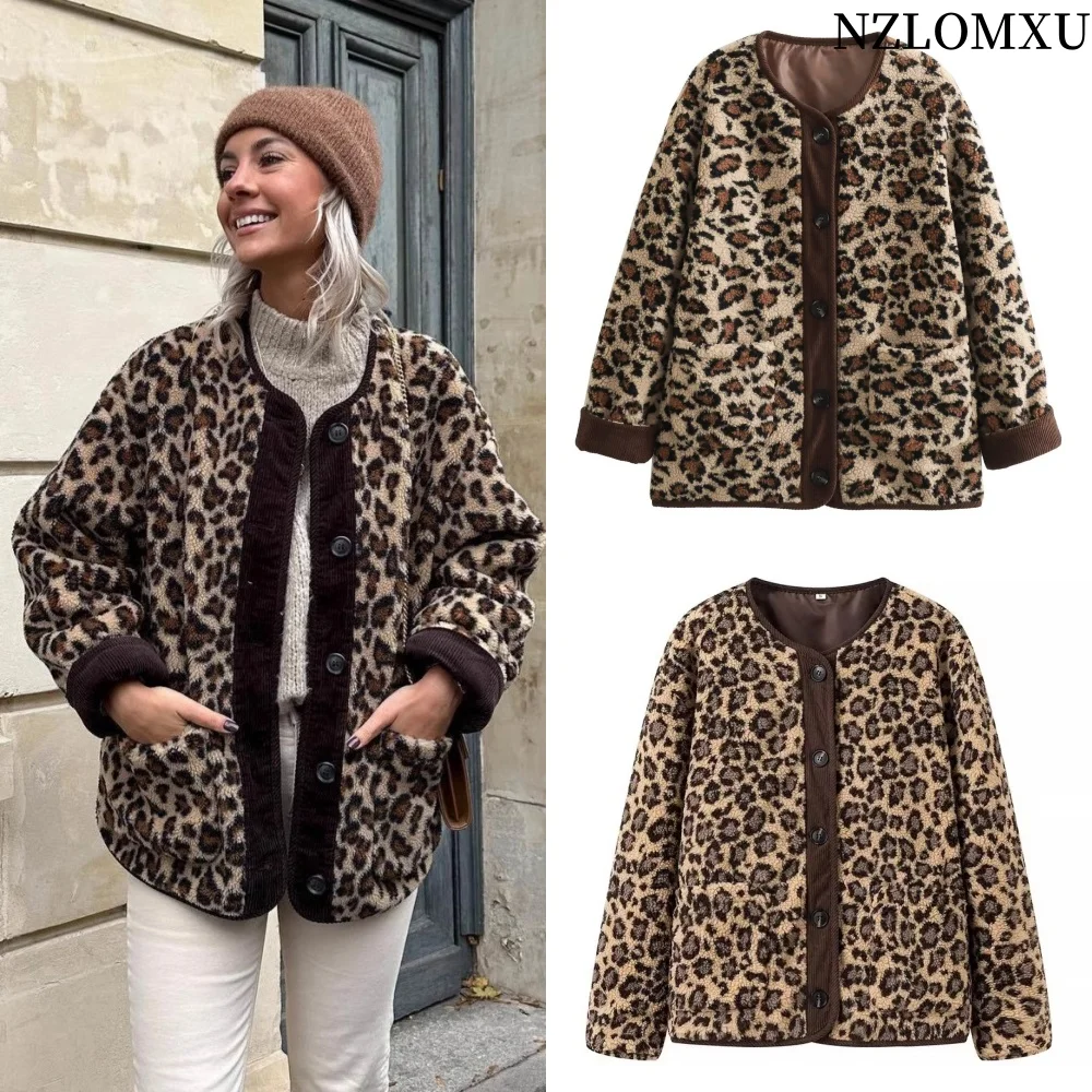 

Women's Fashion New Unique Round Neck Single breasted Leopard Pattern Lamb Wool Coat