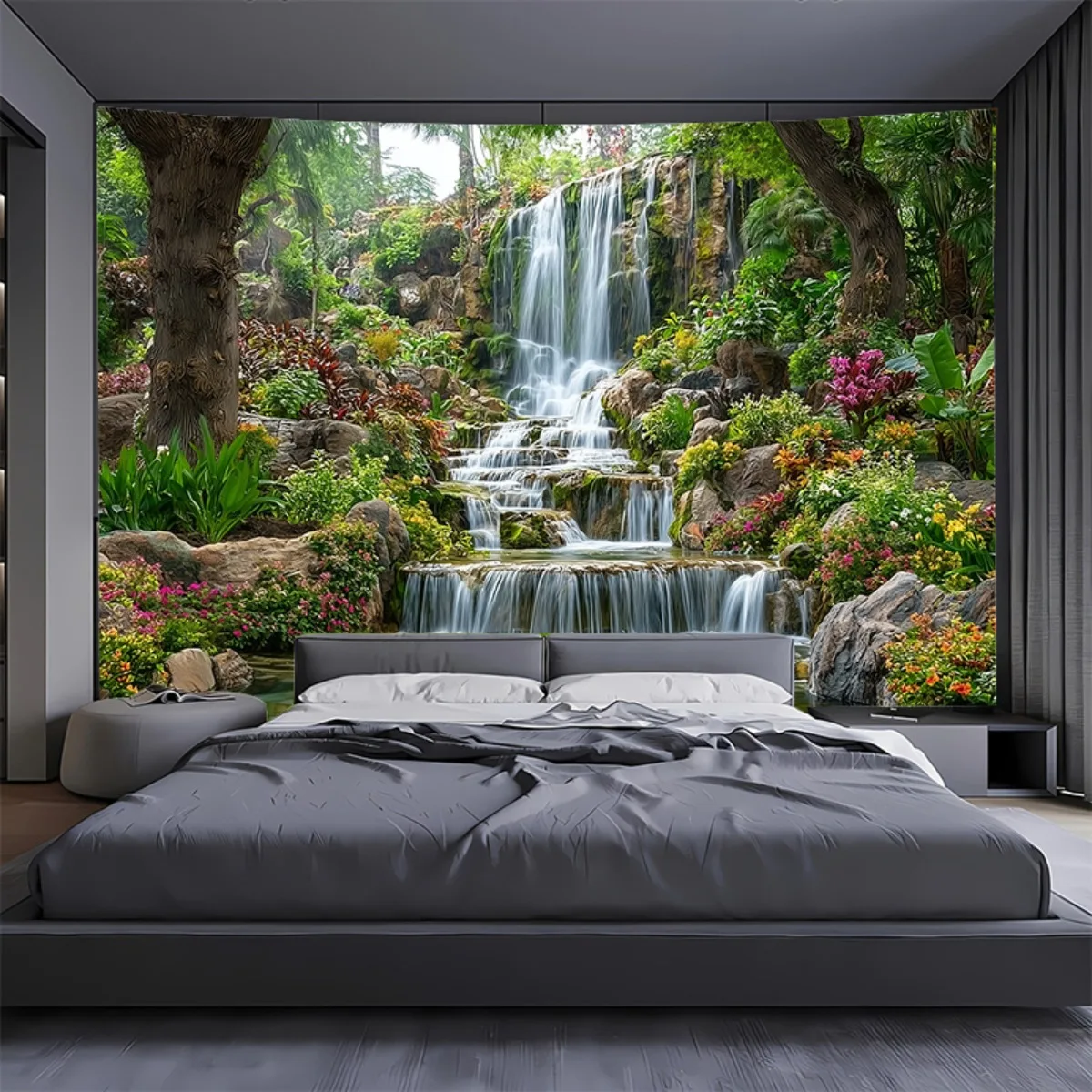 One garden waterfall backdrop - A realistic and natural scene featuring mountains, rivers, lush greenery and colorful flowers -