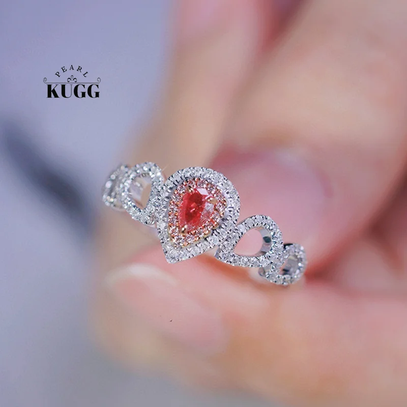 KUGG 100% 18K White Gold Rings Shiny Classic Design 0.48carat Real Natural Pink Diamond Engagement Ring for Women Wedding Party