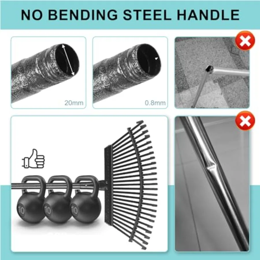 Ancinho de folhas de jardim resistente com 25 dentes de metal, alça ajustável de 18,5 polegadas de largura e 6 pés para quintal eficiente, gramado, arbustos e jardim le