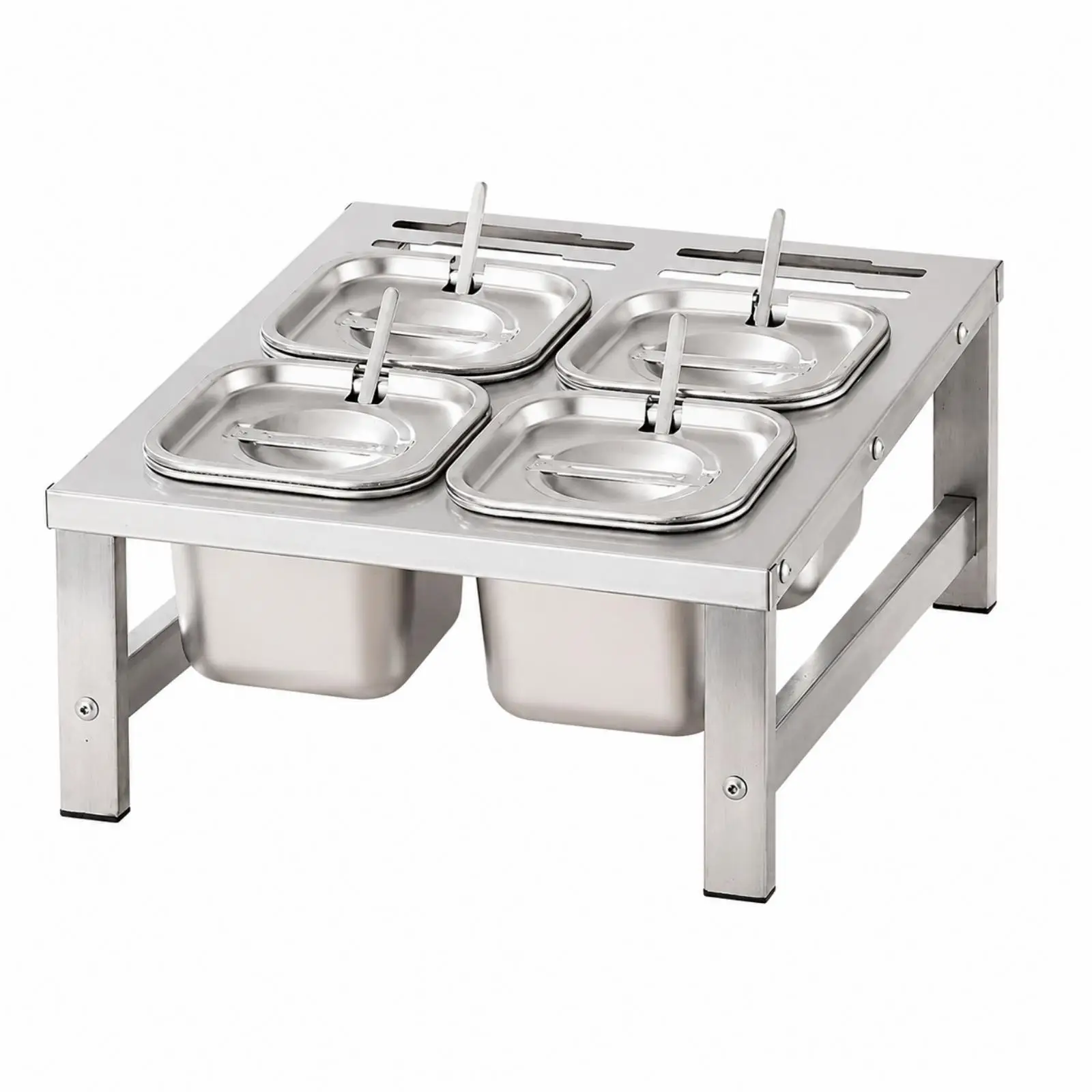 Freestanding Condiment Storage Rack Metal Silver Finish with 1L Lidded Containers for Restaurant Kitchen Spice Organizing
