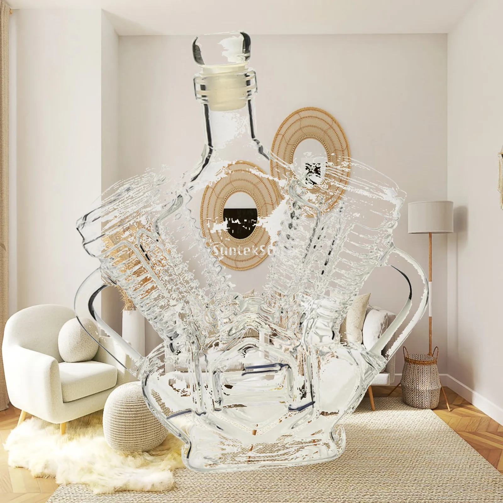 V8 Engine Shaped Whiskey Bottle Glass Transparent Stable Gifts Wine Decanter Wine Bottle with Stopper for Party Dining Room Home