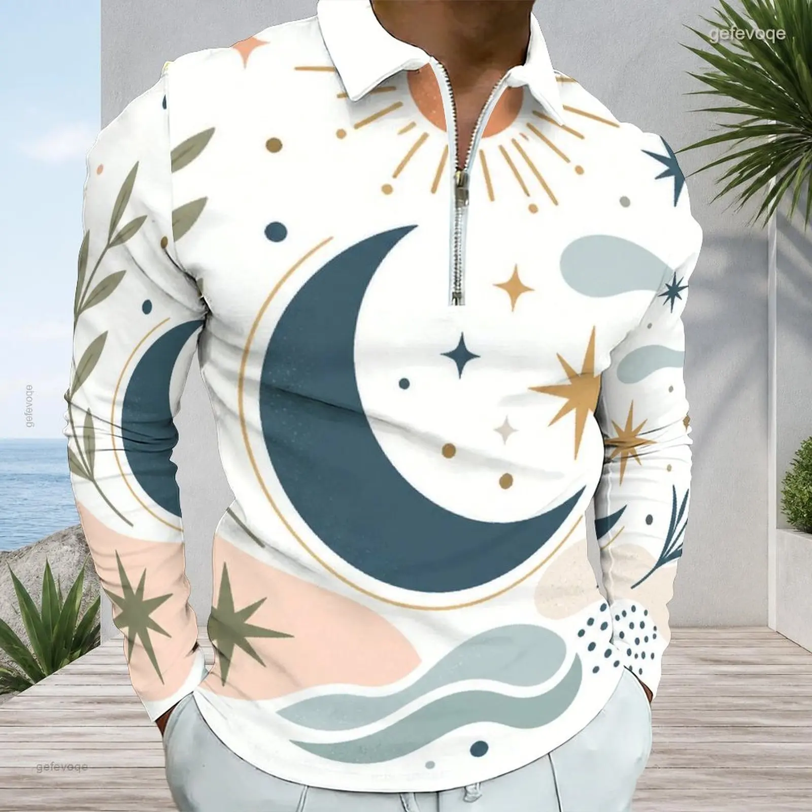 Men Printed Long Sleeve Quarter Zip Polo Shirt, Abstract Red Wine Glass Leaf Berry Pattern