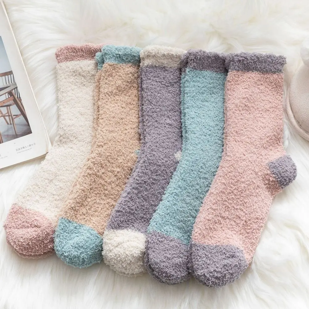 

5Pairs Thickened Coral Fleece Socks Patchwork Sleeping Floor Plush Socks Simple Winter Warm Boat Socks Women For Female Men