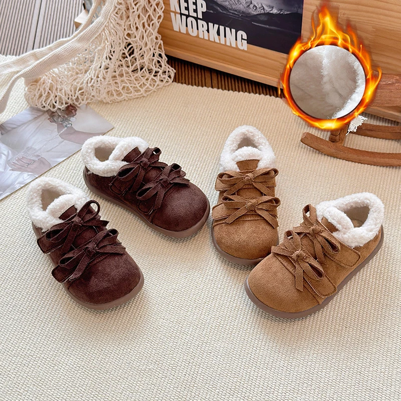 Toddler Girls' Winter Fuzzy Casual Shoes 2025 New Winter Kids Walking Shoes with Double Bow Soft Sole Retro School Outdoor Play