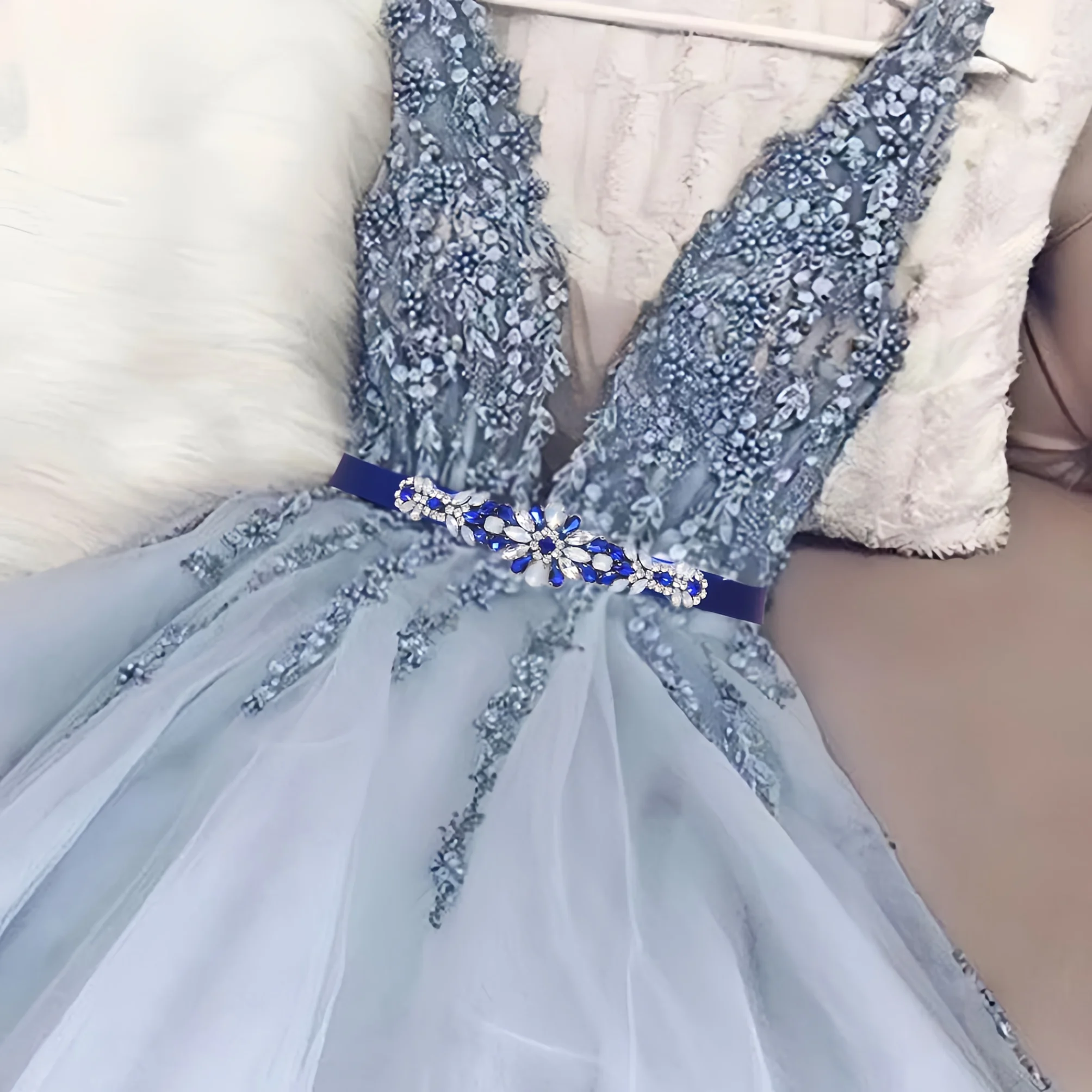 S424 Luxury Royal Blue Rhinestone Belt for Women Crystal Decorative Sash Blue Sequin Ideal for Bride\'s Dress Wedding Accessories