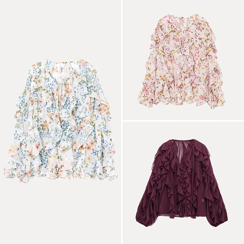 

Sweet Sli V-Ne Layered Decorative Faionable irt for Women Spring 2025 Street Sle Long Sve Polyester Fiber