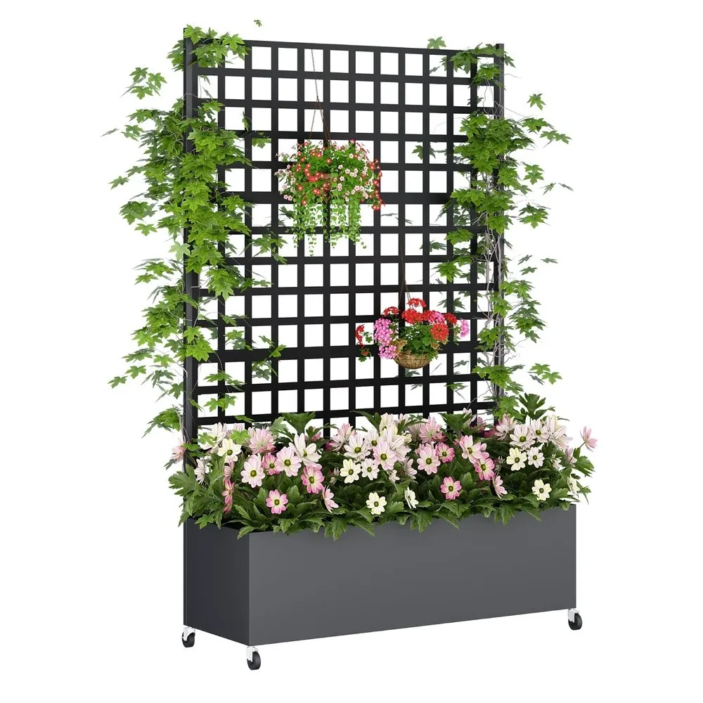 Metal Planter Box with Trellis Privacy Screen Raised Garden Bed with Lattice Trellis & Wheels Privacy Planters for