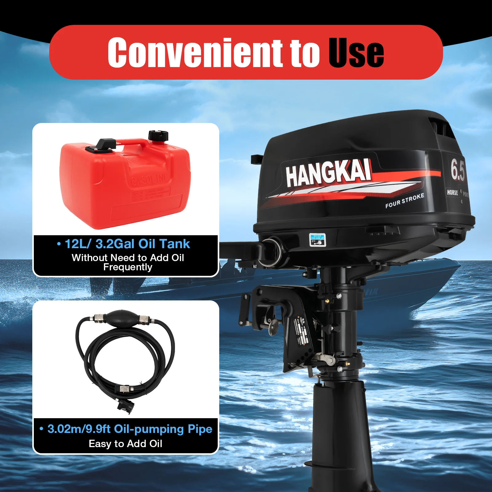 HANGKAI 4-Stroke 6.5HP Outboard Motor, 123CC Full Water Cooling Short Transom Outboard, Short Shaft Gasoline Boat Outboard Engine For Kayaks, Canoes, Dinghies, Inflatable Boats