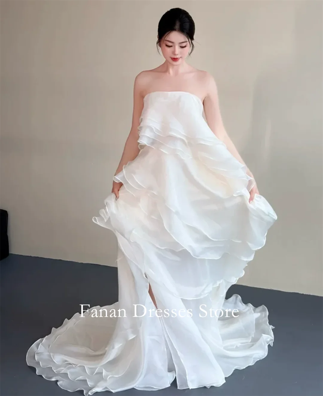 FANAN Strapless Tiered Organza Vintage Simple Elegant Wedding Dresses 웨딩드레스 Ivory Customized Pretty  Bride Dresses