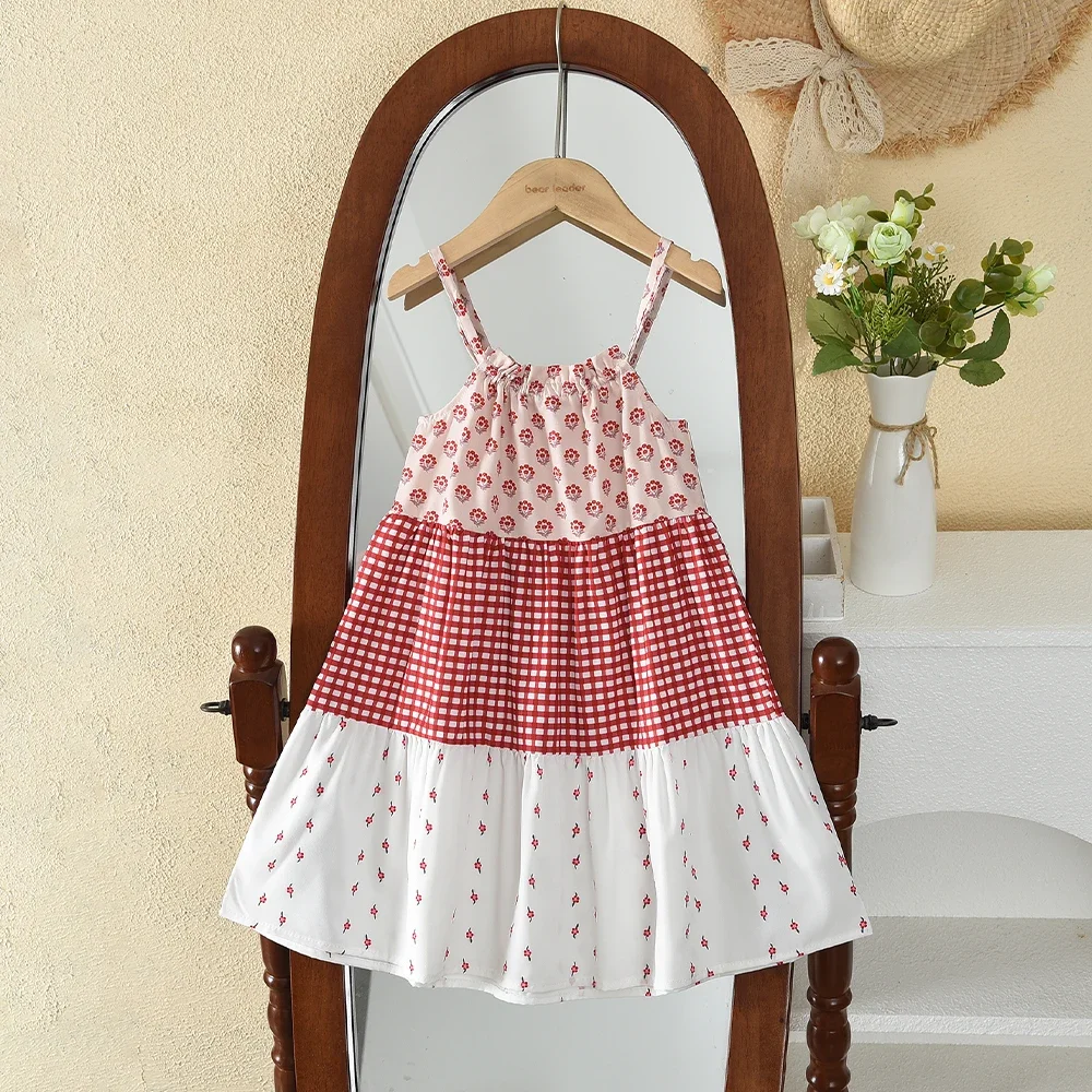 Bear Leader Korean Version Sweet and Cute Girls Clothing Suspender Printed Checkered Patchwork Dress New Summer Kids Clothes