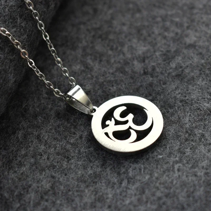 Stainless Steel OM Symbol Pendant Necklace Silver Color Pave CZ Crystal OM Yoga Long Chain Necklace Jewelry for Women Men