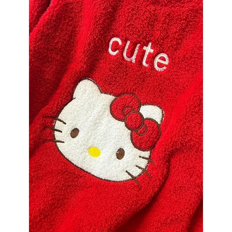 Kawaii Hello Kitty anime kartun hangat piyama tebal untuk wanita musim gugur dan musim dingin coral beludru pakaian rumah dua potong set hadiah