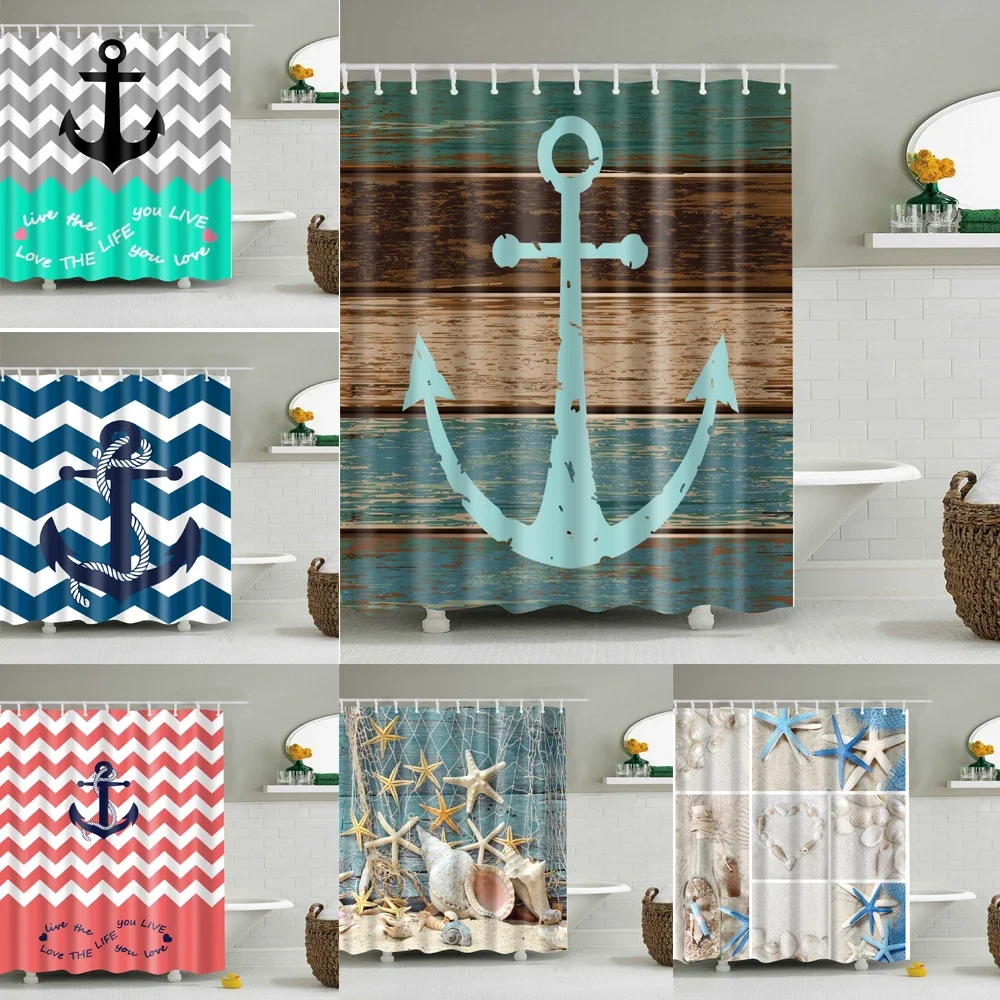 Sea Beach Shell Printed Anchor Octopus Pattern Shower Curtain Bathroom Curtains with Hooks Waterproof Products Bathroom Decor